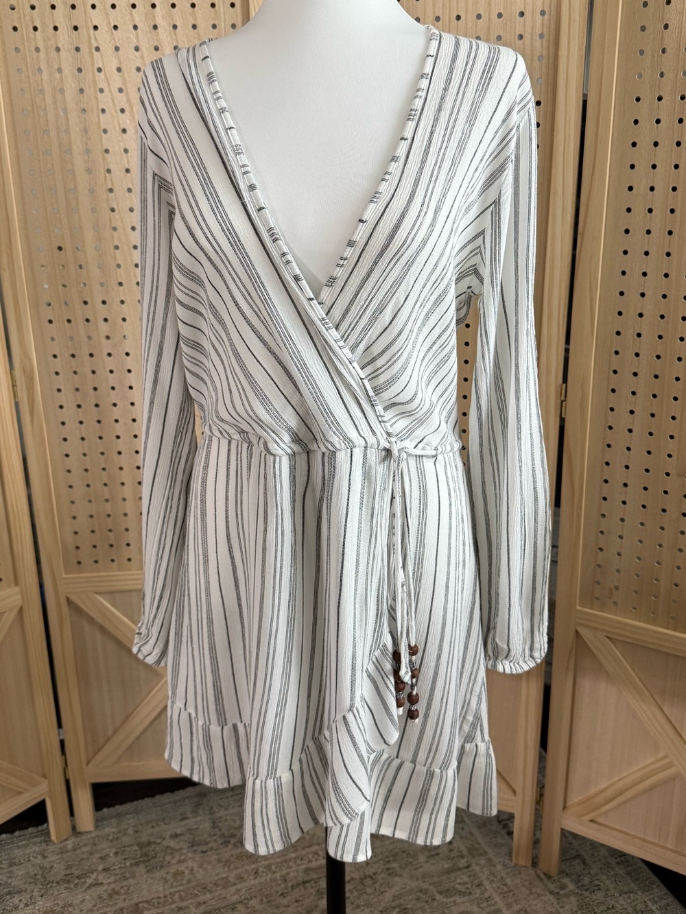 blue island Light Cream and Black Striped Wrap Mini Dress